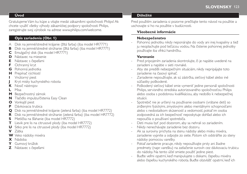 Slovensky, Slovensky 123 | Philips HR7771 User Manual | Page 123 / 168