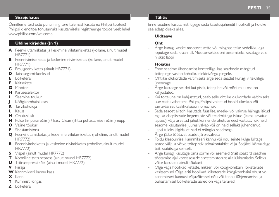 Eesti, Eesti 35 | Philips HR7771 User Manual | Page 35 / 168