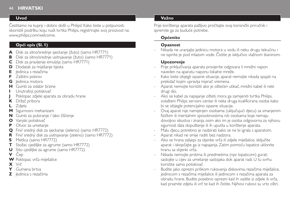 Hrvatski, Hrvatski 44 | Philips HR7771 User Manual | Page 44 / 168