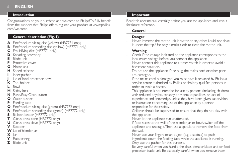 English, English 6 | Philips HR7771 User Manual | Page 6 / 168