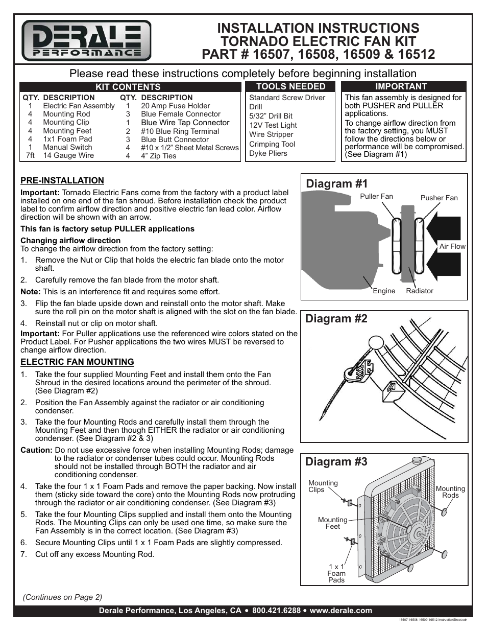 Derale Performance 7" Tornado Electric Puller Fan, Premium Mounting Kit User Manual | 2 pages