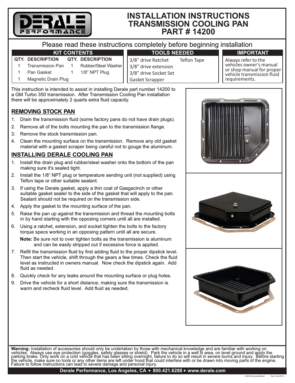 Derale Performance GM TH-350 Transmission Cooling Pan User Manual | 1 page