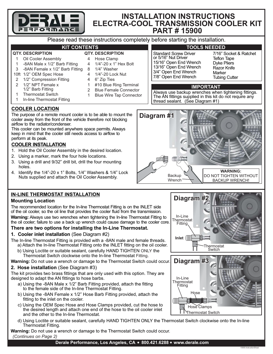 Derale Performance 16 Pass Electra-Cool Remote Transmission Cooler Kit, -8AN Inlets User Manual | 2 pages
