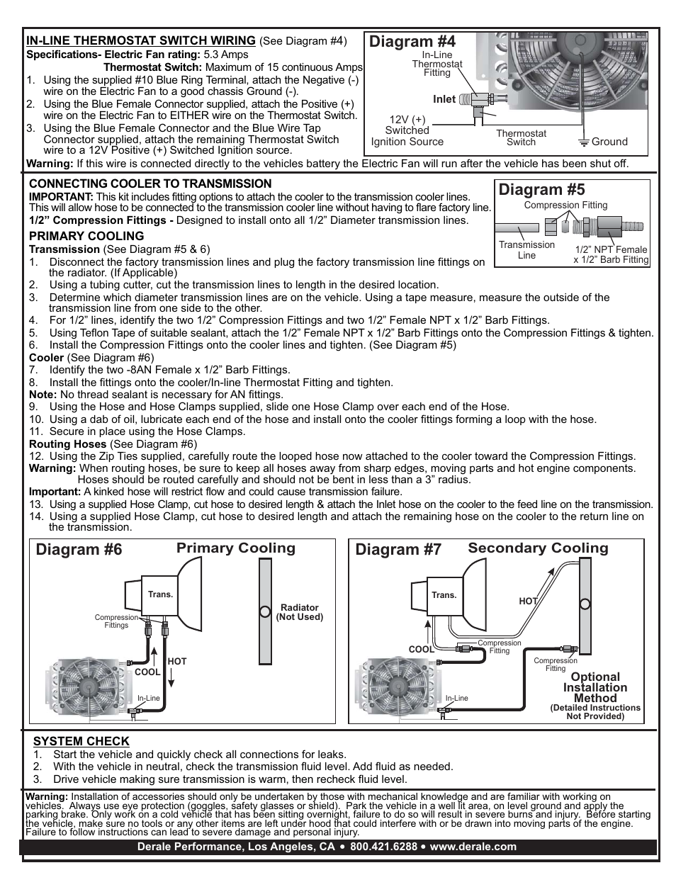 Diagram #4, Diagram #6, Diagram #7 | Diagram #5, Secondary cooling, Primary cooling | Derale Performance 16 Pass Electra-Cool Remote Transmission Cooler Kit, -8AN Inlets User Manual | Page 2 / 2
