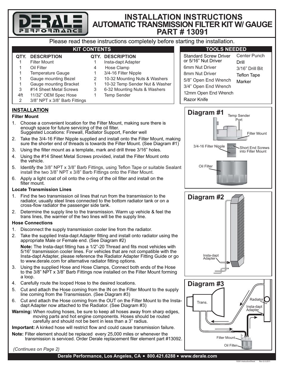 Derale Performance Single Mount 3__8" NPT Ports Up Remote Transmission Filter Kit, Premium User Manual | 2 pages