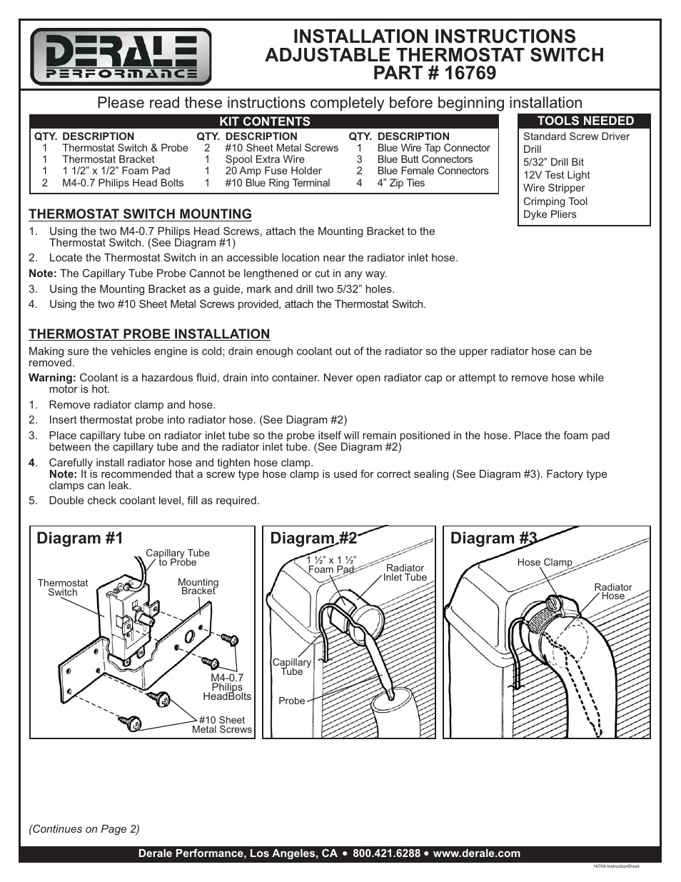 Derale Performance Adjustable Electric Fan Controller, Mechanical User Manual | 2 pages