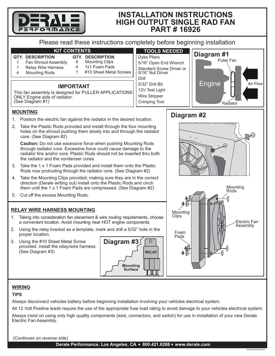 Derale Performance 13" High Output Single RAD Puller Fan with Plastic Shroud User Manual | 2 pages