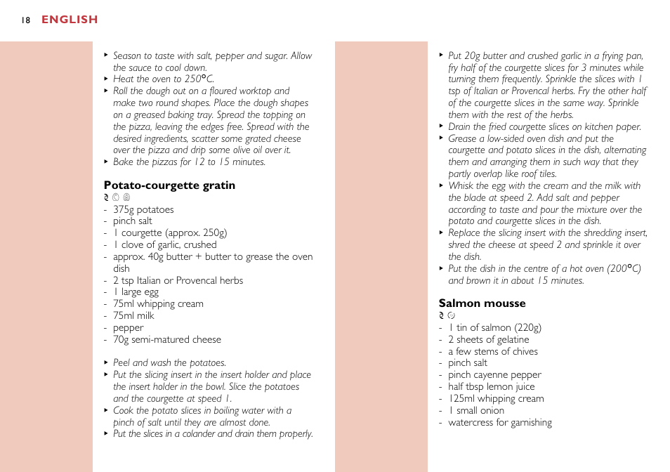 English, Salmon mousse, Potato-courgette gratin | Philips HR7638 User Manual | Page 18 / 128