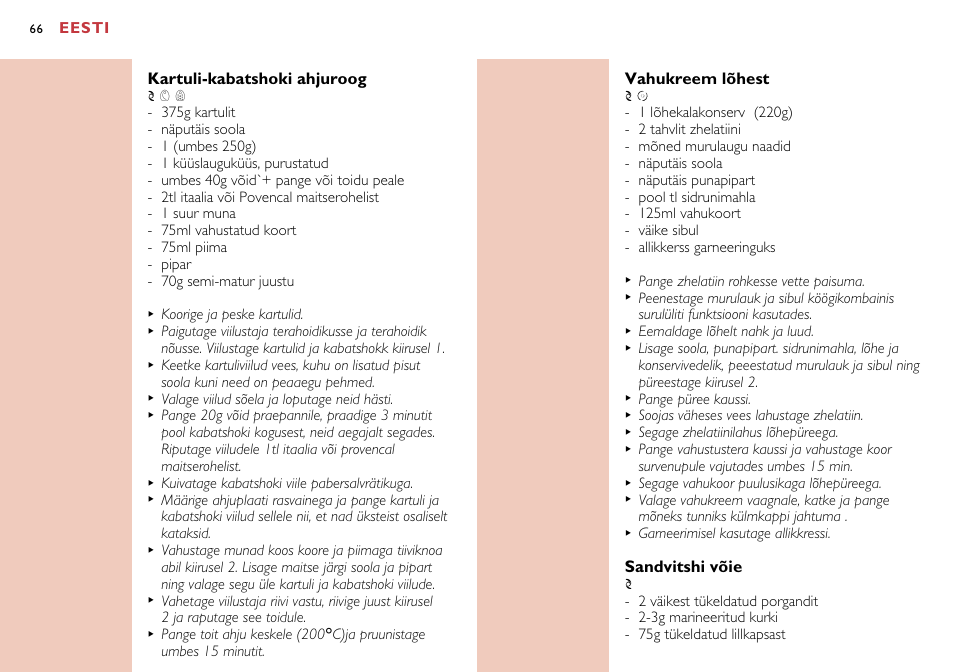 Eesti, Kartuli-kabatshoki ahjuroog, Vahukreem lõhest | Sandvitshi võie | Philips HR7638 User Manual | Page 66 / 128