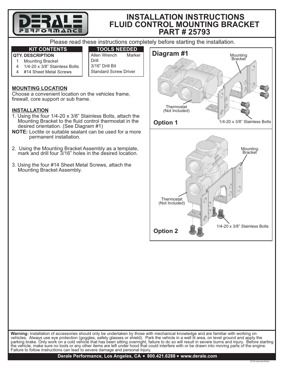 Derale Performance Fluid Control Thermostat Mounting Bracket User Manual | 1 page