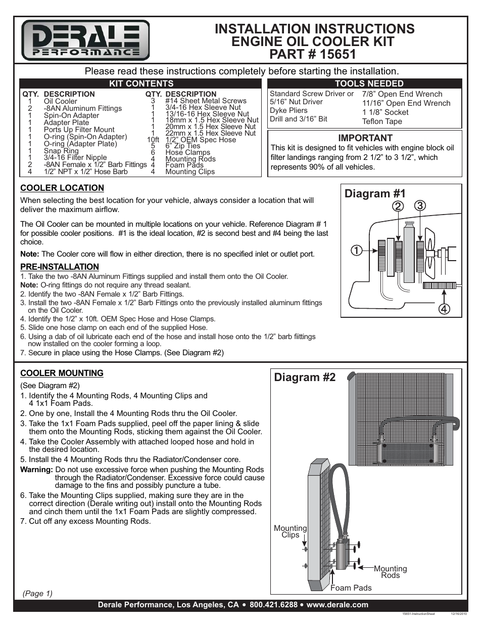 Derale Performance 10 Row Series 10000 Stack Plate Universal Engine Oil Cooler Kit, Spin On Adapter User Manual | 3 pages
