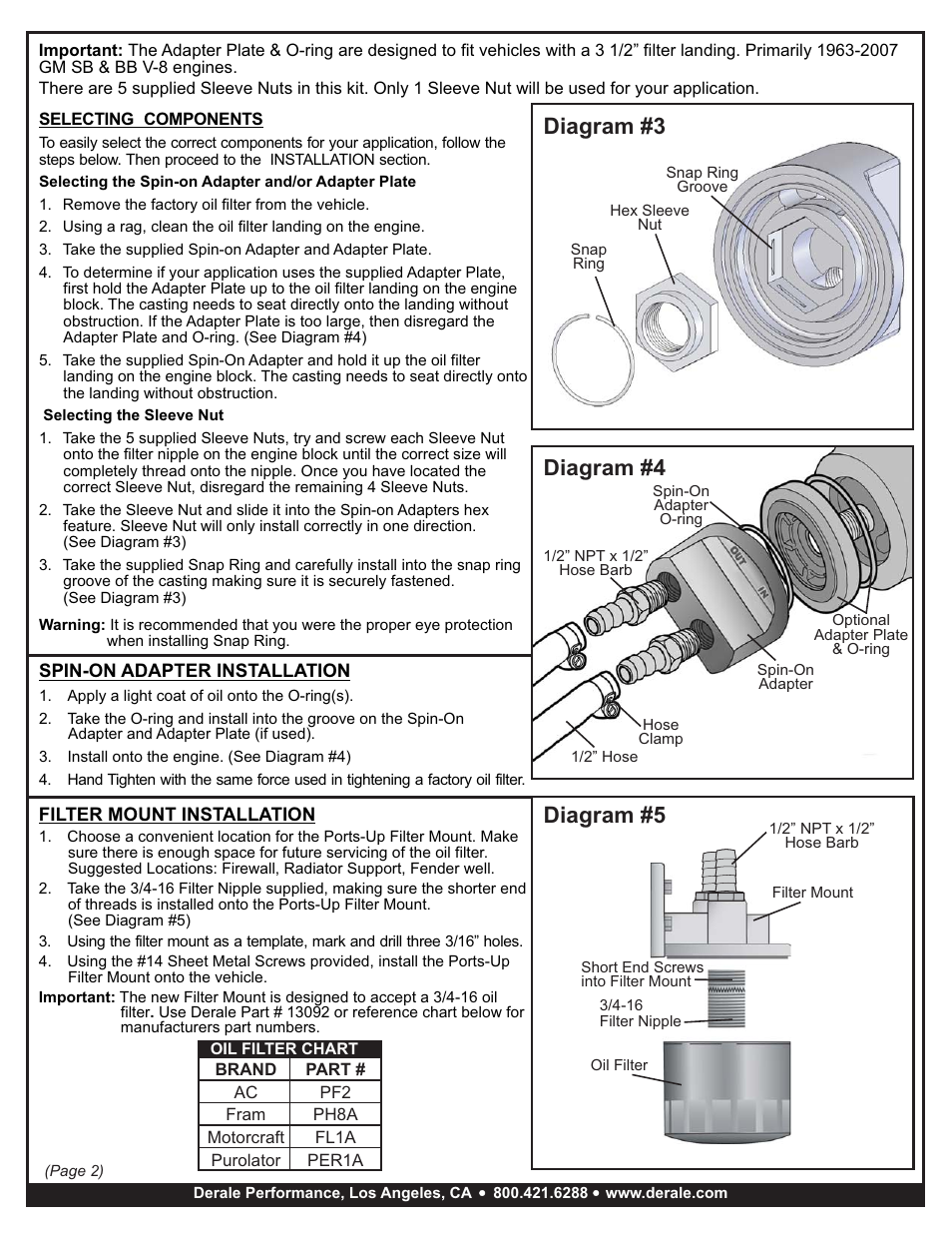 Diagram #4 diagram #3, Diagram #5 | Derale Performance 10 Row Series 10000 Stack Plate Universal Engine Oil Cooler Kit, Spin On Adapter User Manual | Page 2 / 3