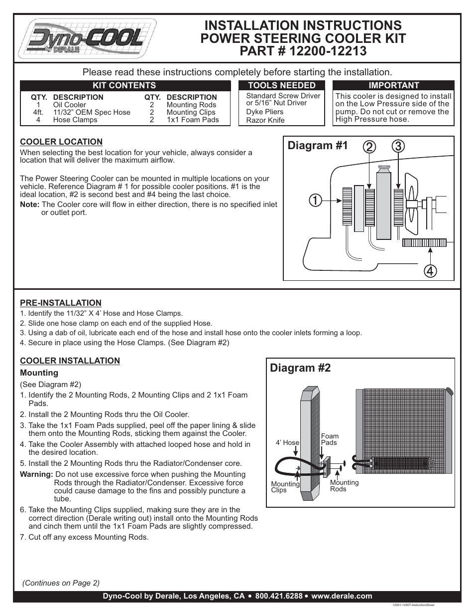 Derale Performance 2 Pass 12" Dyno Cool Series 6000 Aluminum Power Steering Kit User Manual | 2 pages