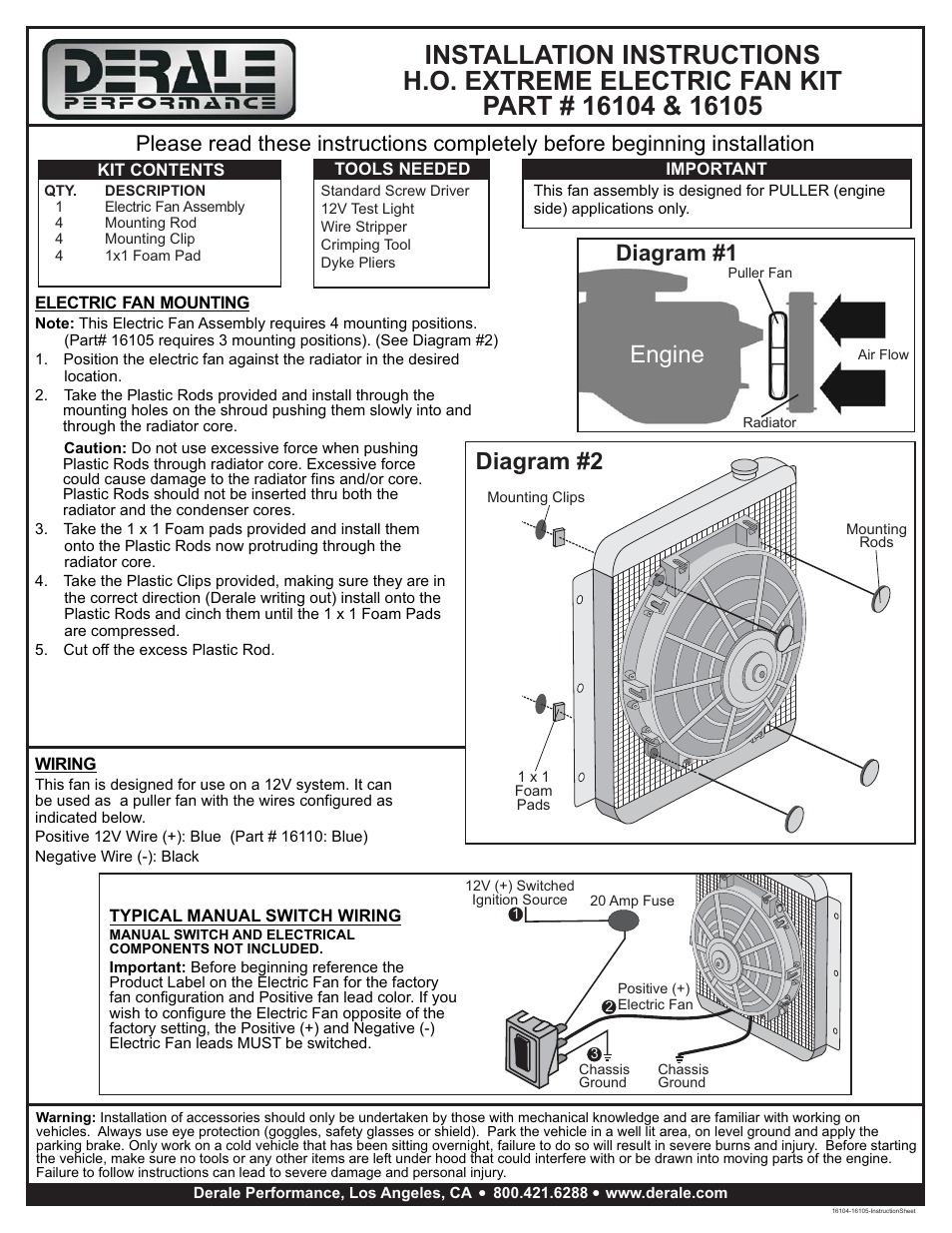 Derale Performance 4" High Output Paddle Blade Electric Puller Fan User Manual | 1 page