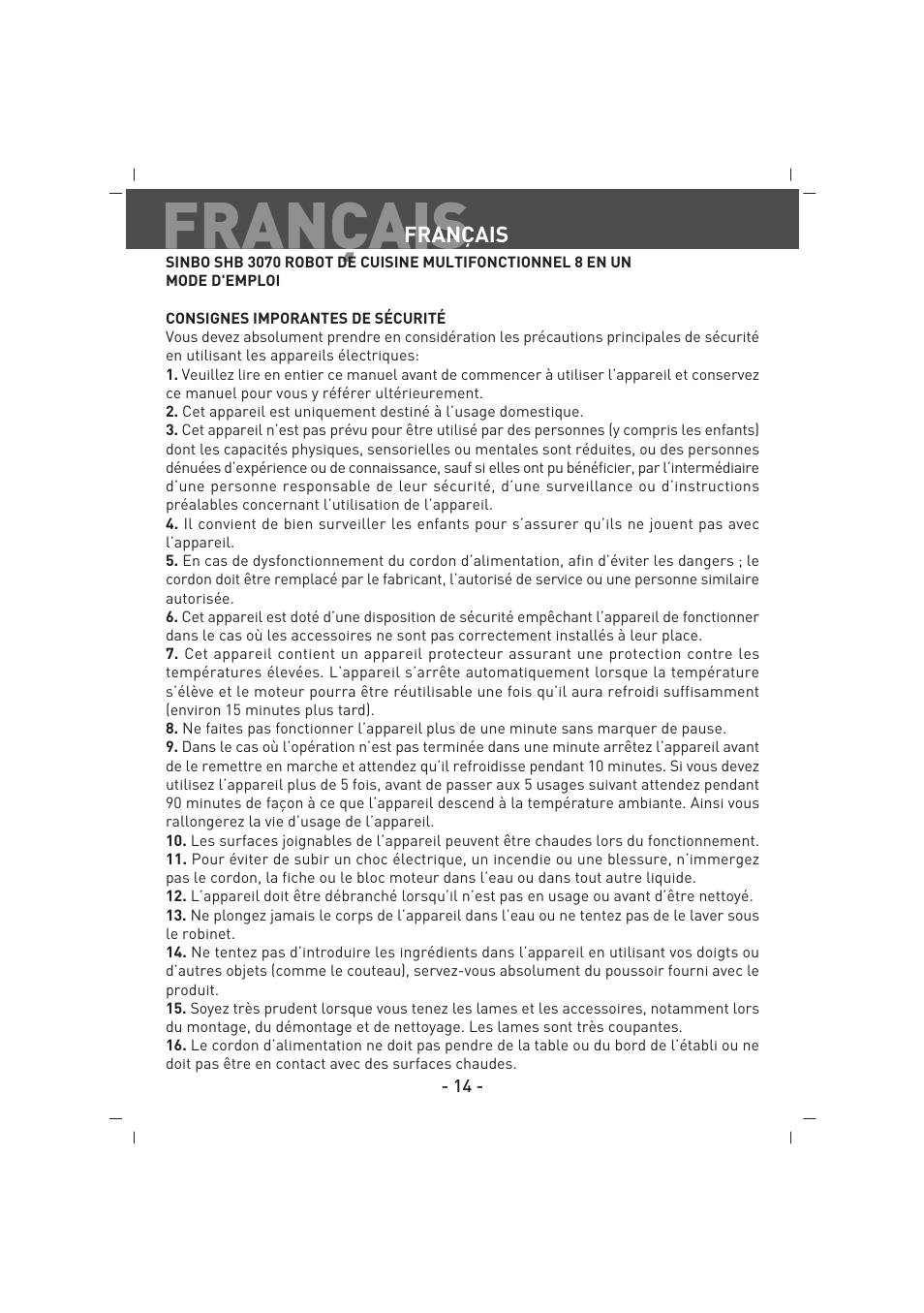 Français | SINBO SHB 3070 User Manual | Page 15 / 53
