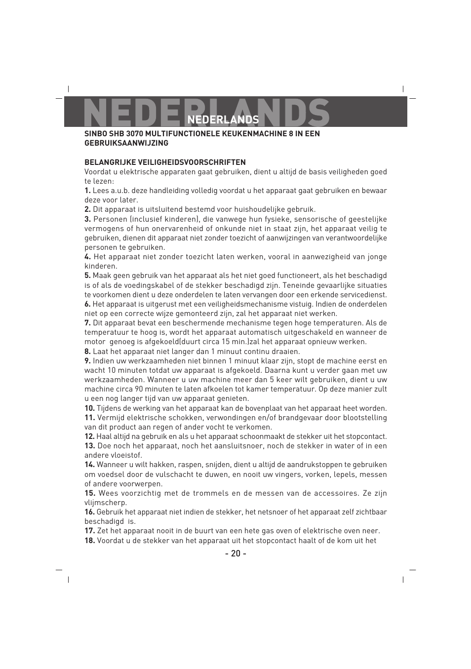 Nederlands | SINBO SHB 3070 User Manual | Page 21 / 53