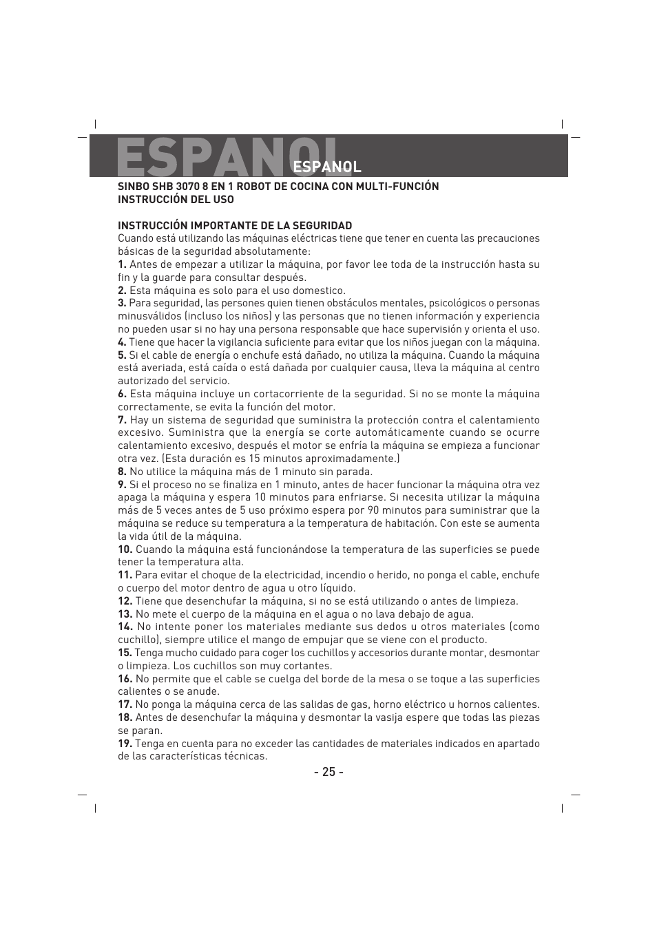 Espanol | SINBO SHB 3070 User Manual | Page 26 / 53