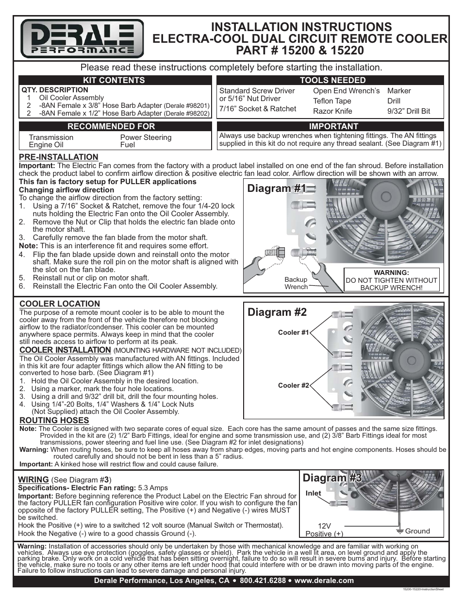 Derale Performance 8 & 8 Pass Dual Circuit Electra-Cool Remote Cooler, -8AN User Manual | 1 page