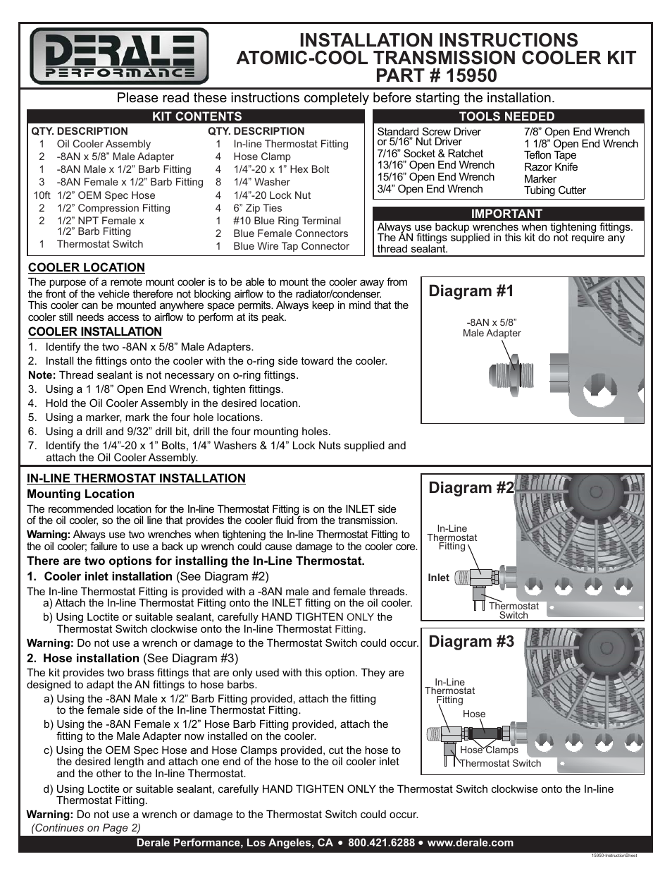 Derale Performance 15 Row Atomic Cool Plate & Fin Remote Transmission Cooler Kit, -8AN User Manual | 2 pages