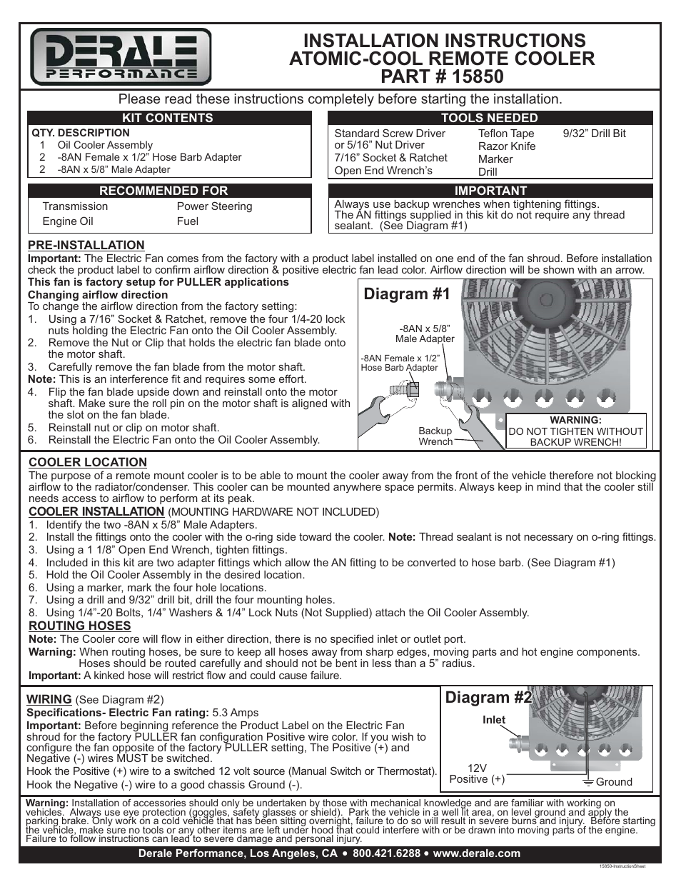 Derale Performance 15 Row Atomic Cool Plate & Fin Remote Cooler, -8AN User Manual | 1 page