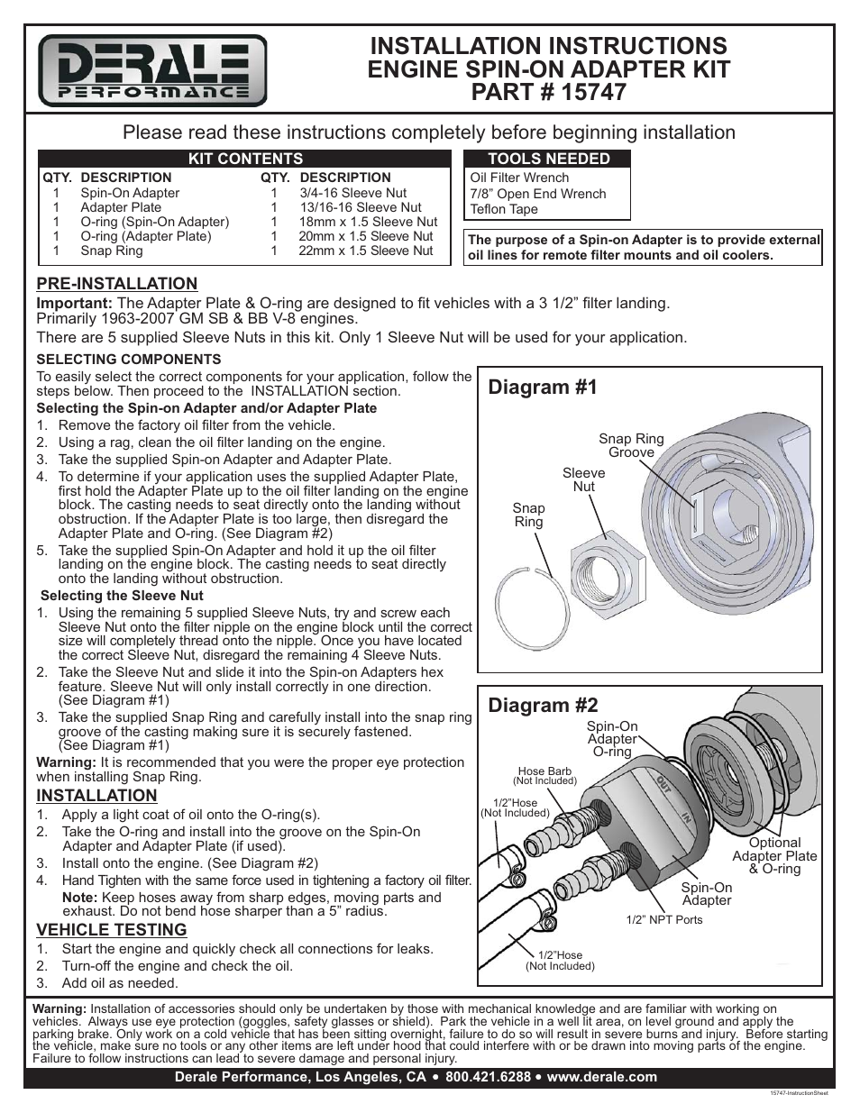 Derale Performance Standard Universal Engine Spin On Adapter with 1_2" NPT Ports User Manual | 1 page