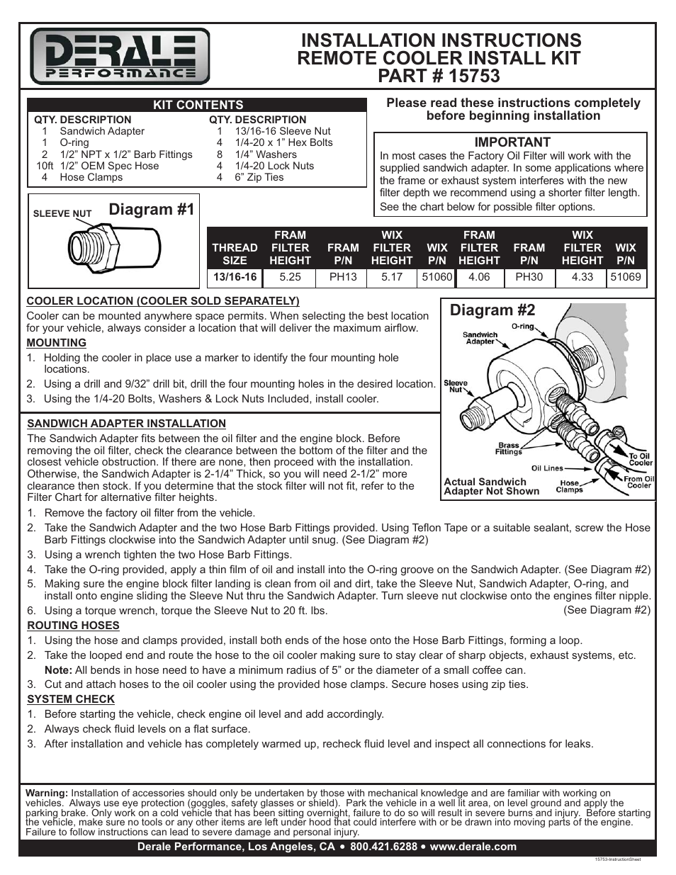 Derale Performance Remote Cooler Install Kit User Manual | 1 page