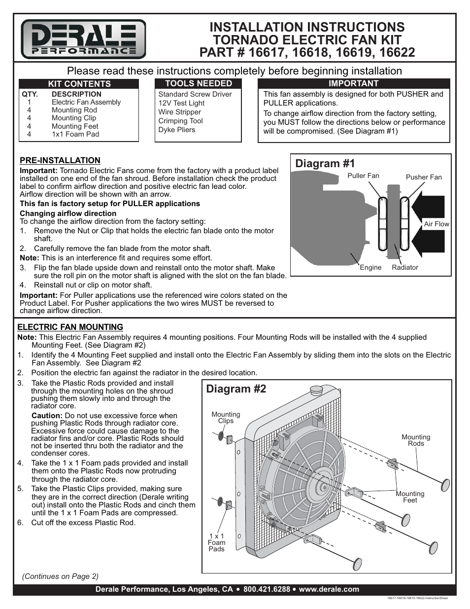 Derale Performance 9" Tornado Electric Puller Fan, Standard Mounting Kit User Manual | 2 pages