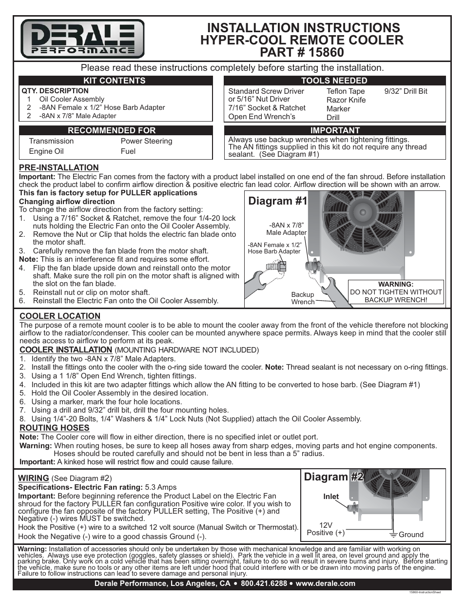 Derale Performance 25 Row Hyper-Cool Remote Cooler, -8AN User Manual | 1 page