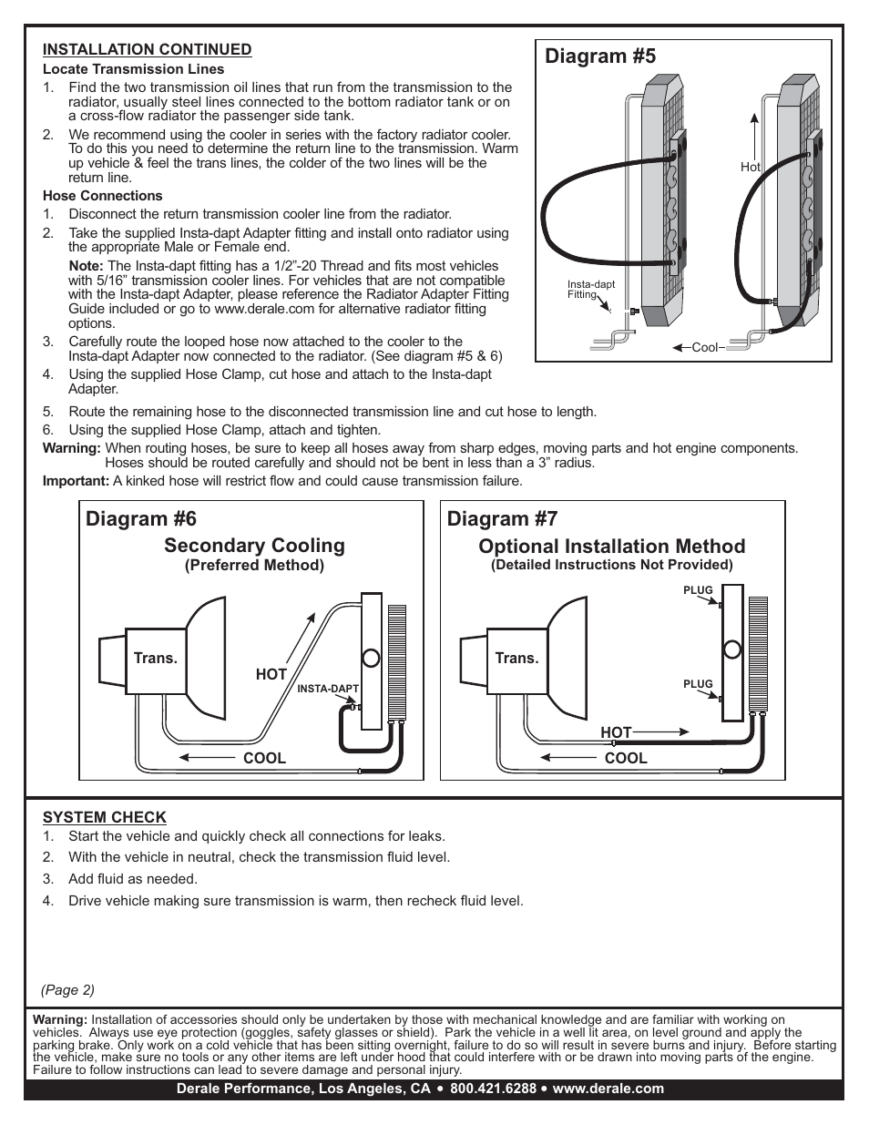 Diagram #6, Diagram #7, Diagram #5 | Secondary cooling, Optional installation method | Derale Performance 4 Pass 13" Series 7000 Copper_Aluminum Transmission Cooler Kit User Manual | Page 2 / 3