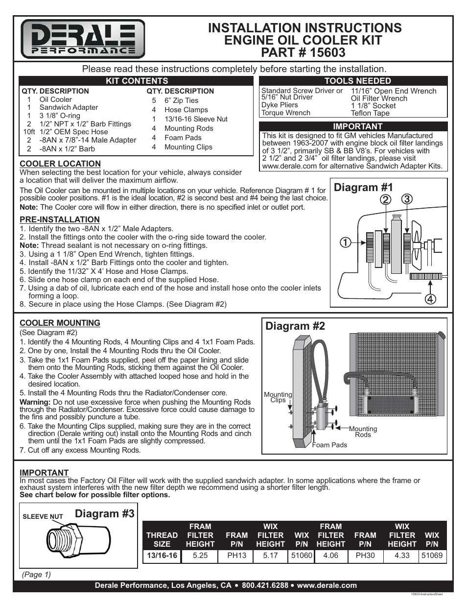 Derale Performance 10 Row Series 10000 Stack Plate GM V8 Engine Oil Cooler Kit, Sandwich Adapter User Manual | 2 pages