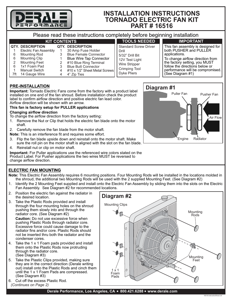 Derale Performance 16" Tornado Electric Puller Fan, Premium Mounting Kit User Manual | 2 pages