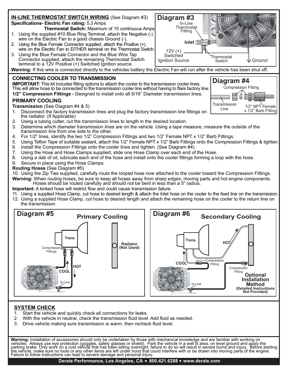 Diagram #4, Diagram #5, Diagram #6 | Diagram #3, Secondary cooling, Primary cooling | Derale Performance Remote Transmission Cooler Mount Kit for 1_2" Lines User Manual | Page 2 / 2