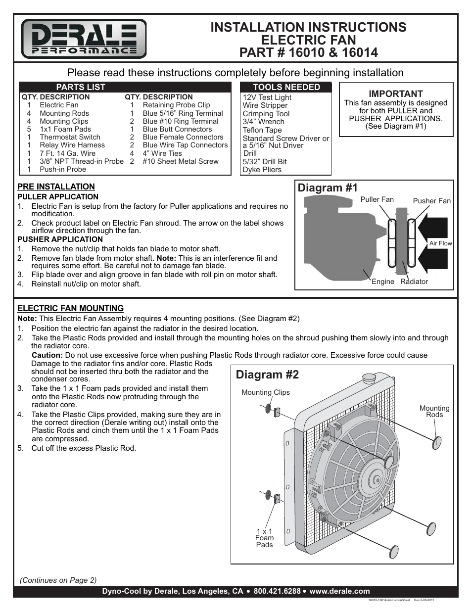 Derale Performance 14" Tornado Electric Fan & 180 User Manual | 3 pages