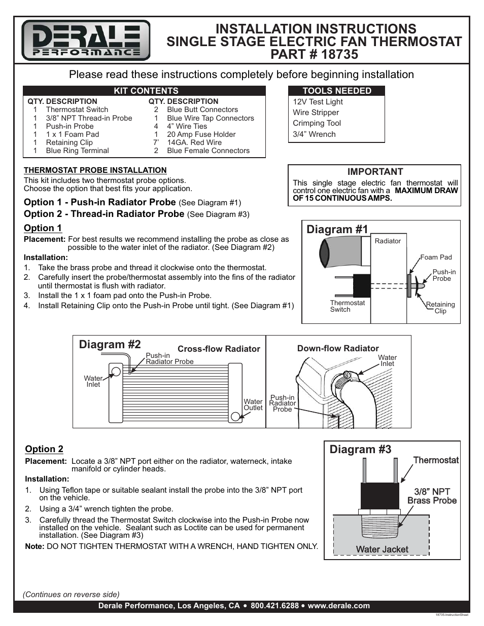 Derale Performance Standard Single Stage 180 User Manual | 2 pages