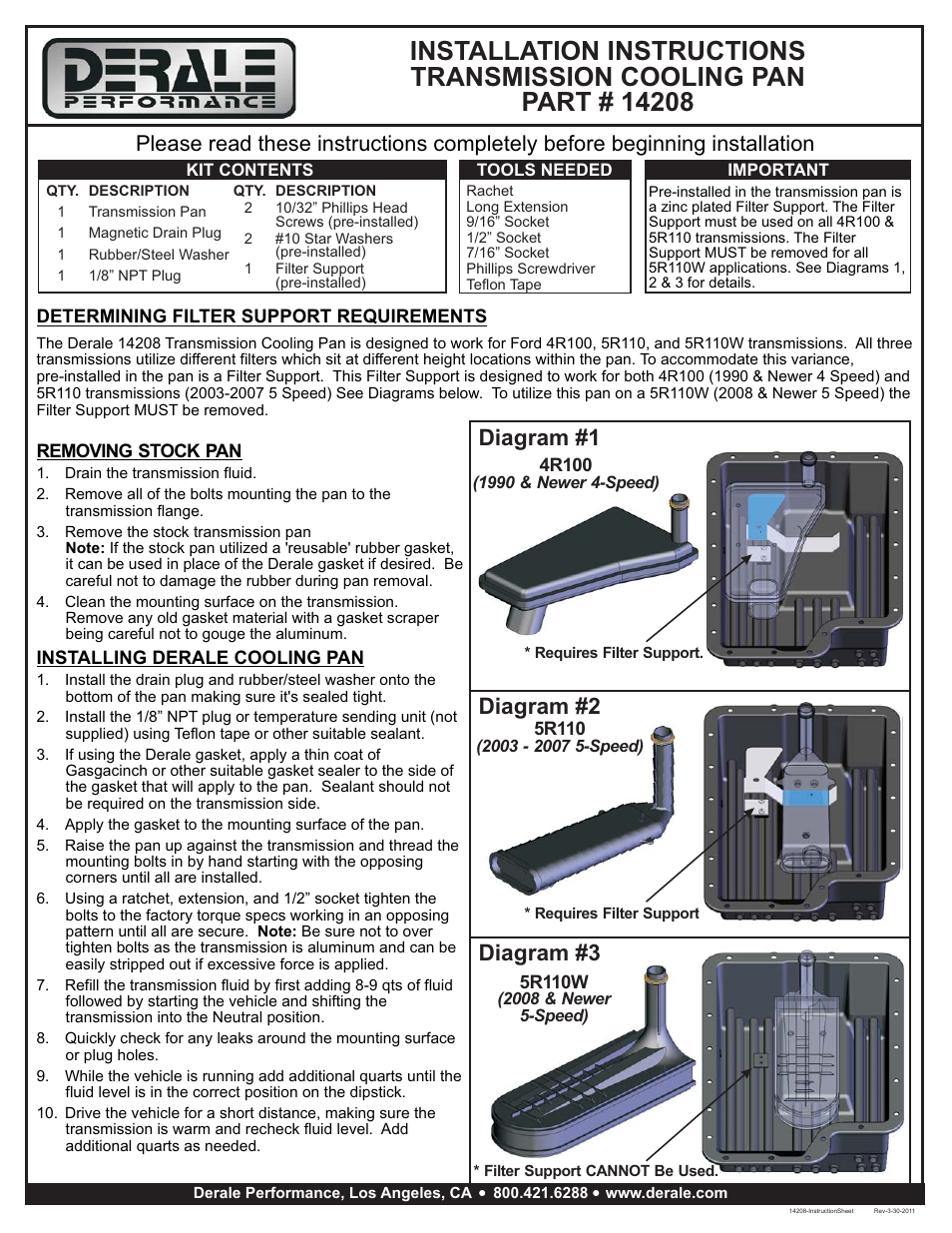 Derale Performance Ford E4OD, 4R100, 5R110 & 5R110W Transmission Cooling Pan User Manual | 1 page