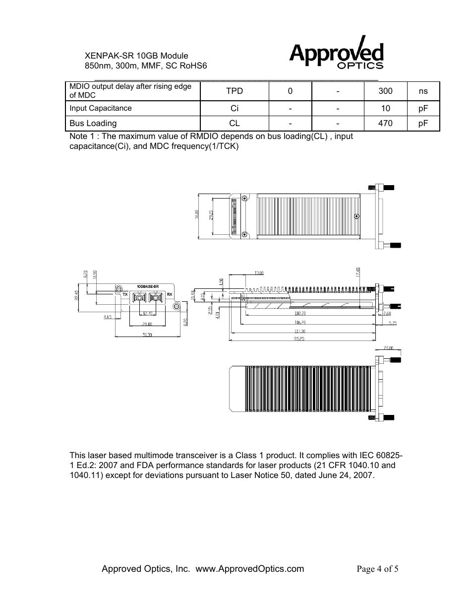 Module outline, Eye safety | Approved Optics Approved JUNIPER XENPAK-1XGE-SR User Manual | Page 4 / 5