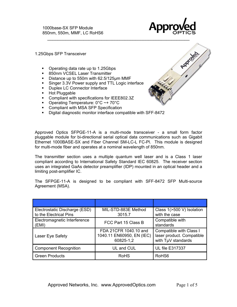 Approved Optics Approved RIVERSTONE SFPGE-11 User Manual | 5 pages