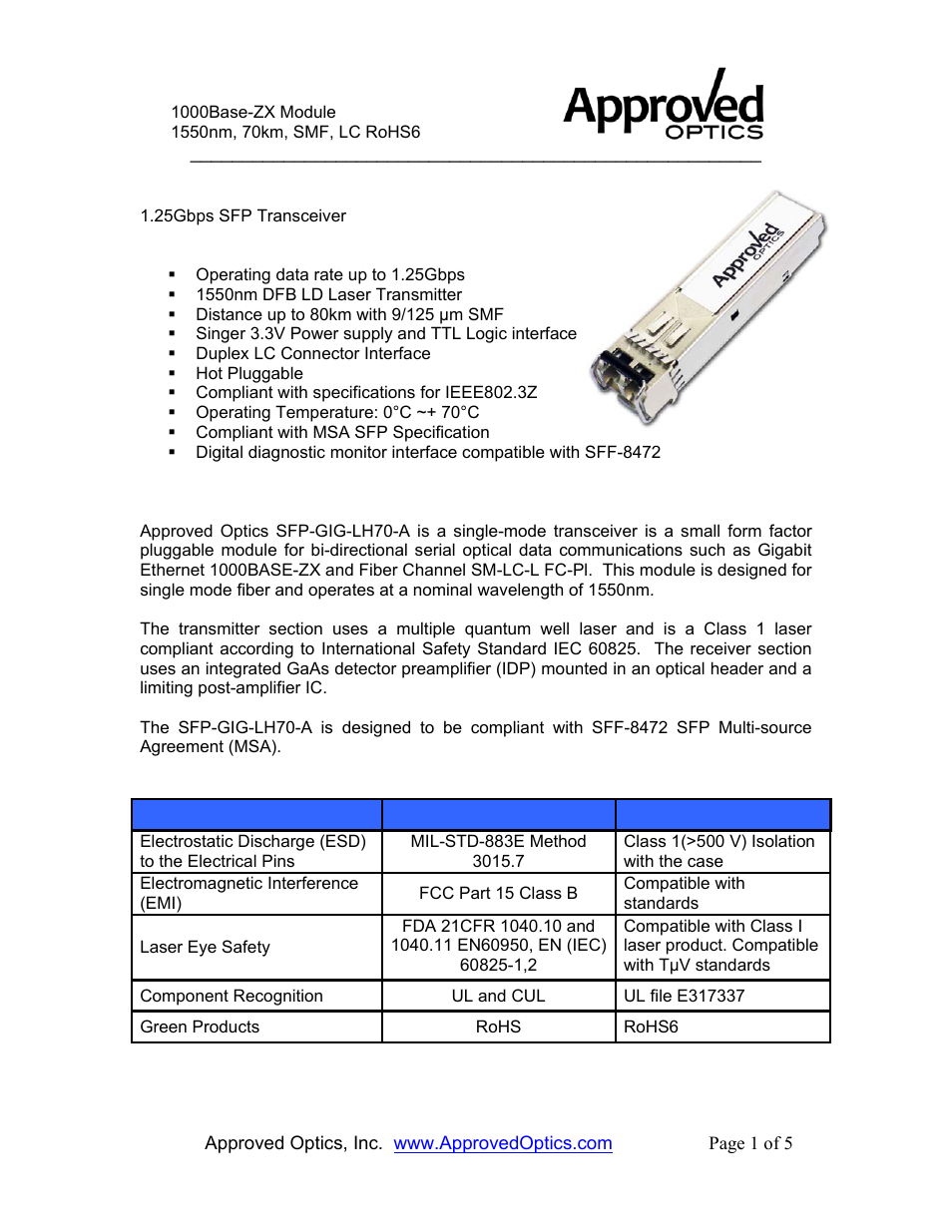 Approved Optics Approved ALCATEL SFP-GIG-LH70 User Manual | 5 pages