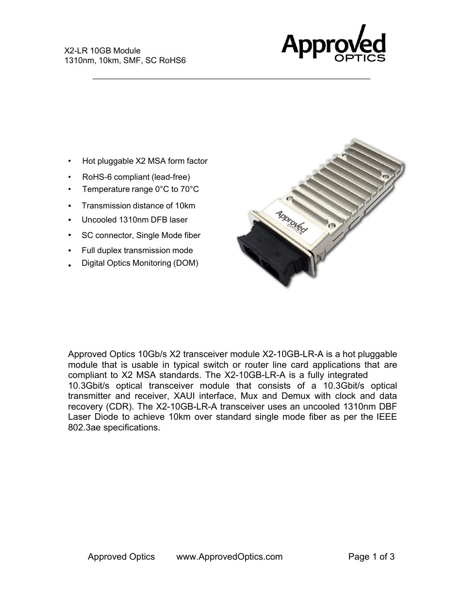 Approved Optics Approved CISCO X2-10GB-LR User Manual | 3 pages