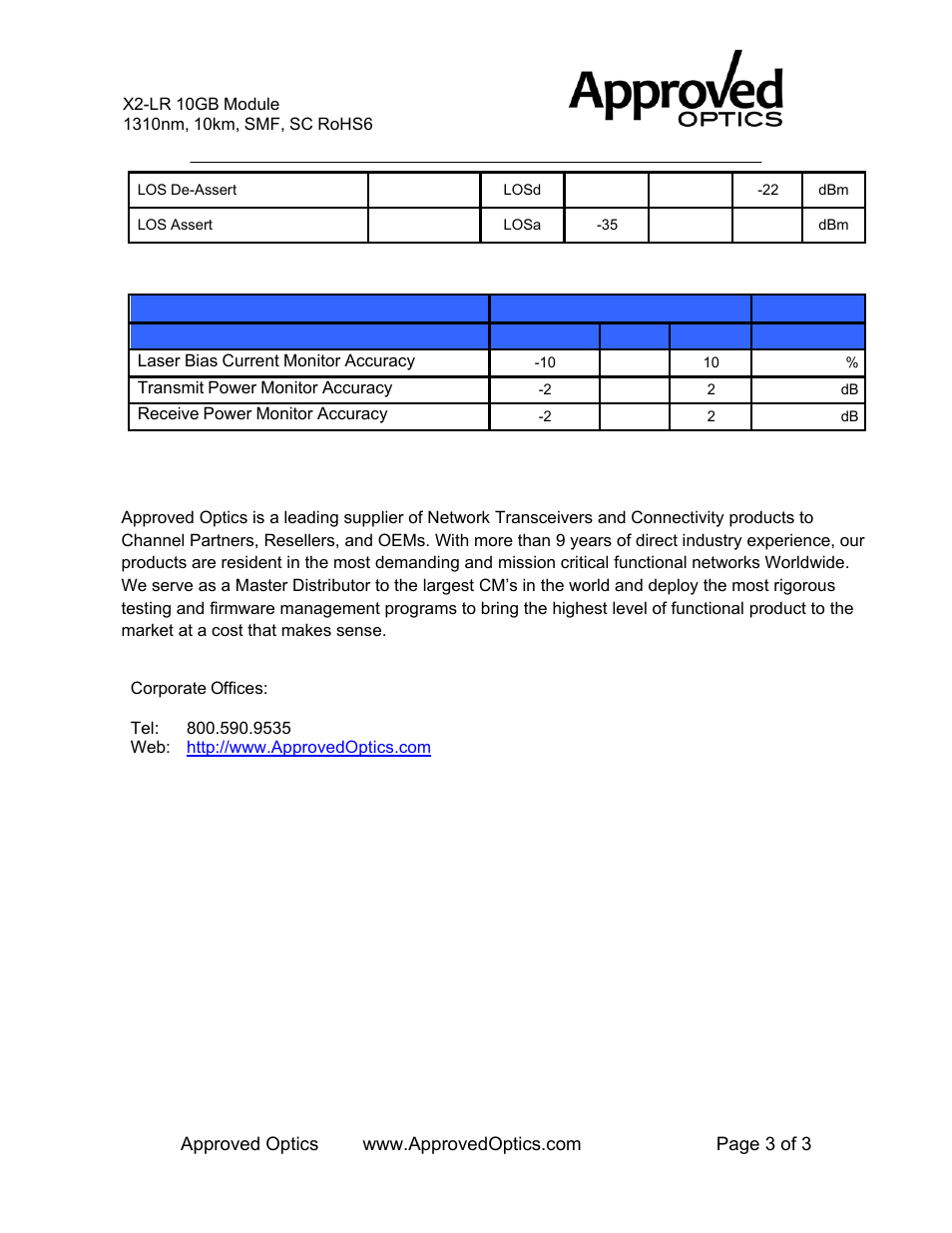 Dom parameters, Contact information, X2-10gb-lr-a | Approved Optics Approved CISCO X2-10GB-LR User Manual | Page 3 / 3