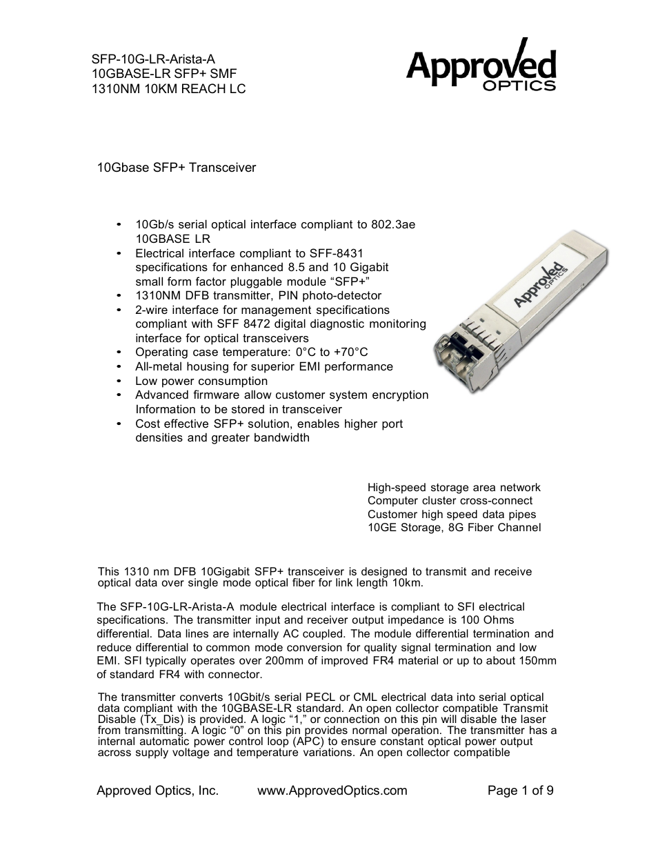 Approved Optics Approved ARISTA SFP-10G-LR-ARISTA User Manual | 9 pages