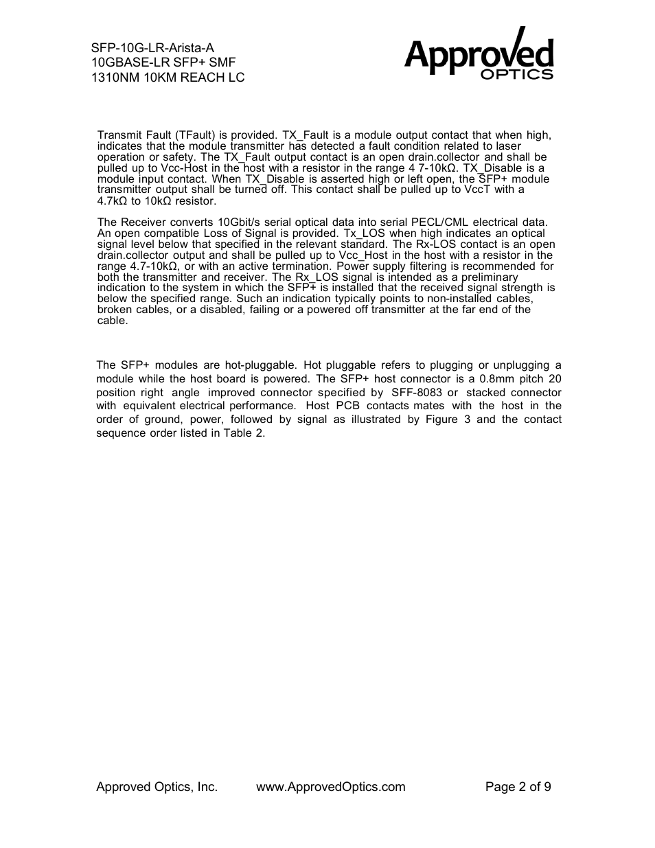 Pin definition | Approved Optics Approved ARISTA SFP-10G-LR-ARISTA User Manual | Page 2 / 9