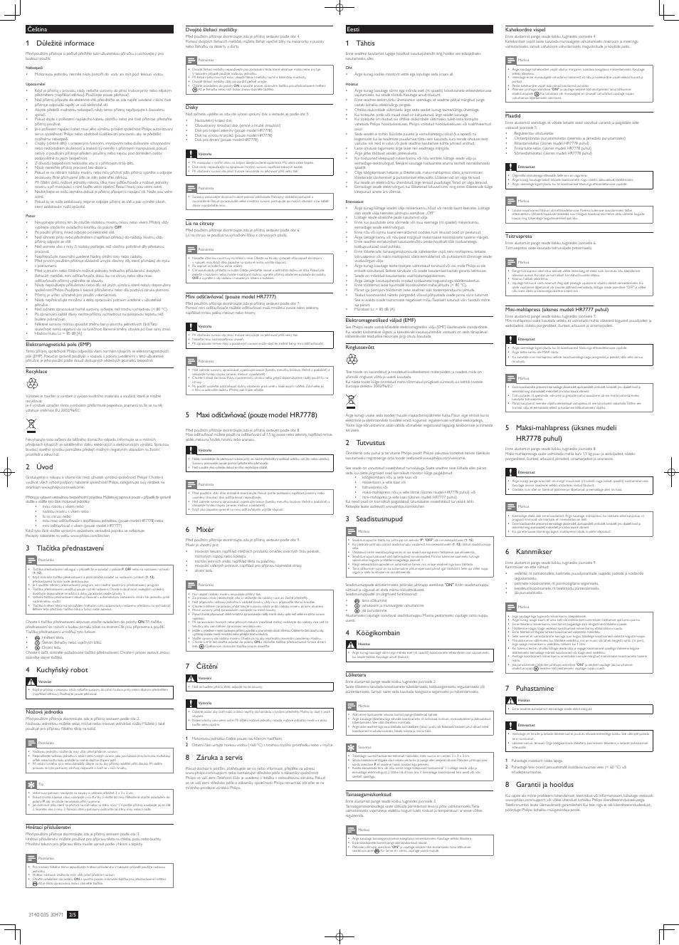 1 tähtis, 2 tutvustus, 3 seadistusnupud | 4 köögikombain, 6 kannmikser, 7 puhastamine, 8 garantii ja hooldus, 1 důležité informace, 2 úvod, 3 tlačítka přednastavení | Philips HR7772 User Manual | Page 3 / 10