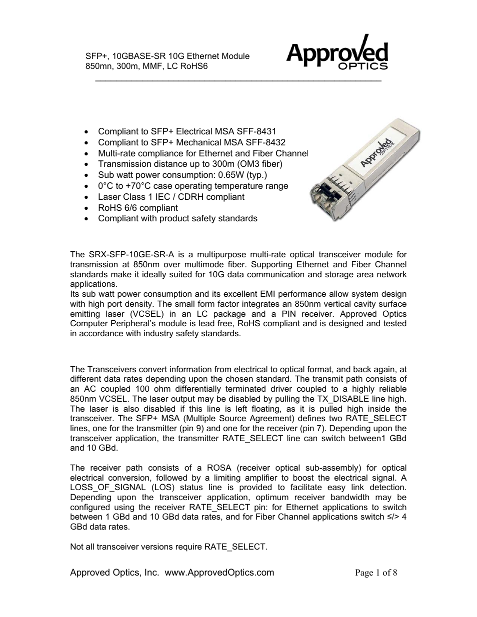 Approved Optics Approved JUNIPER SRX-SFP-10GE-SR User Manual | 8 pages