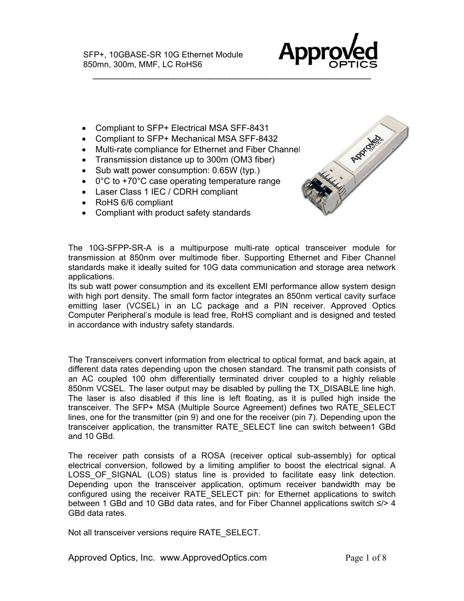 Approved Optics Approved BROCADE 10G-SFPP-SR User Manual | 8 pages