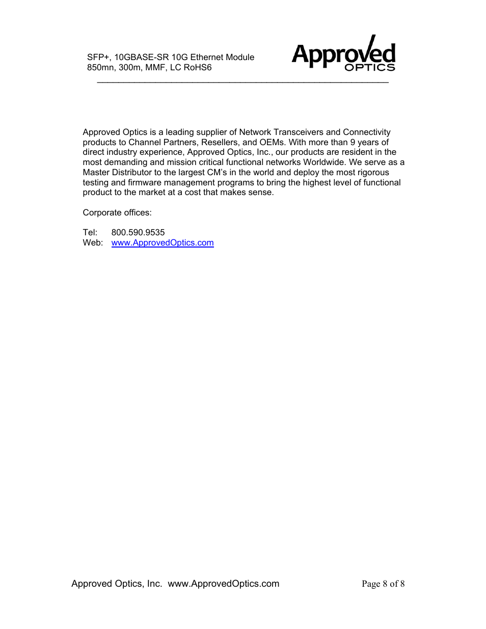 Approved Optics Approved BROCADE 10G-SFPP-SR User Manual | Page 8 / 8