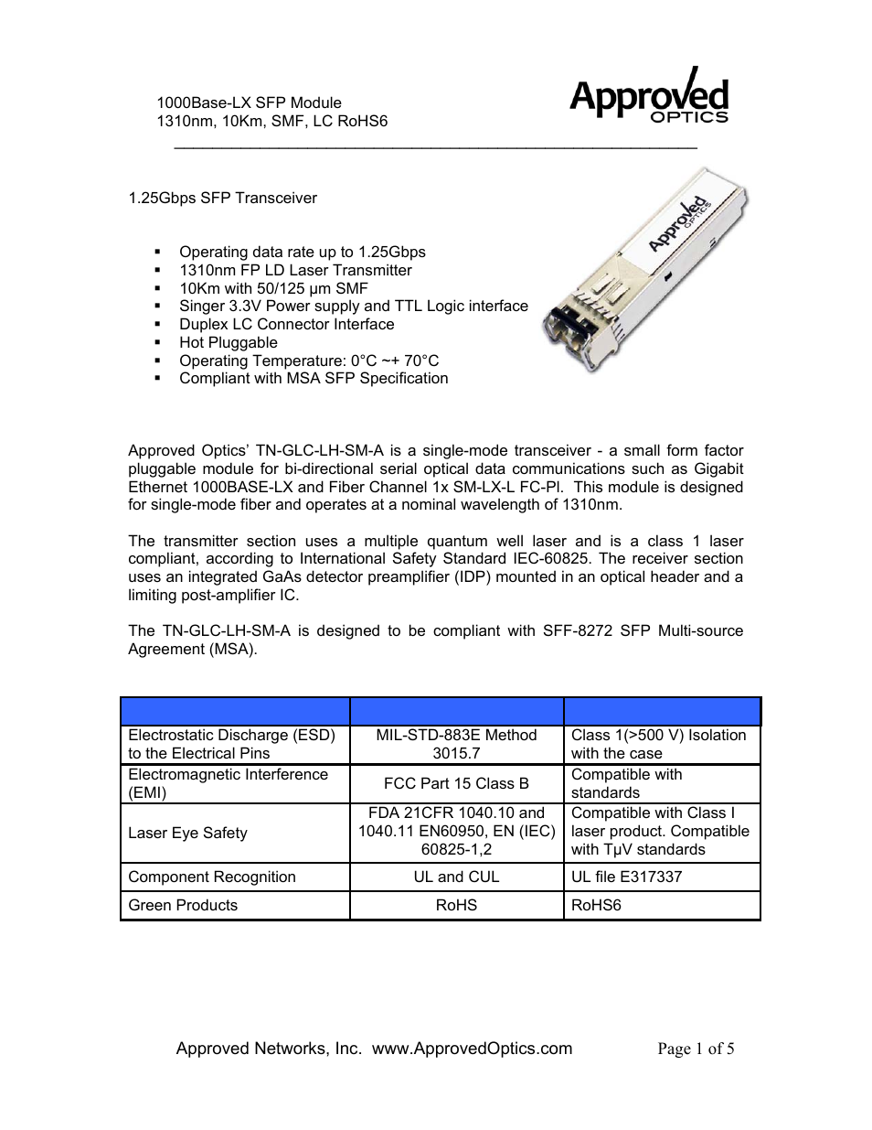 Approved Optics Approved TRANSITION NETWORKS TN-GLC-LH-SM User Manual | 5 pages