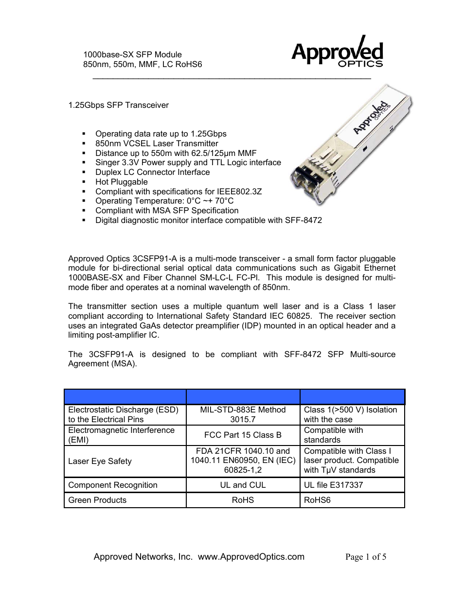 Approved Optics Approved 3COM 3CSFP91 User Manual | 5 pages