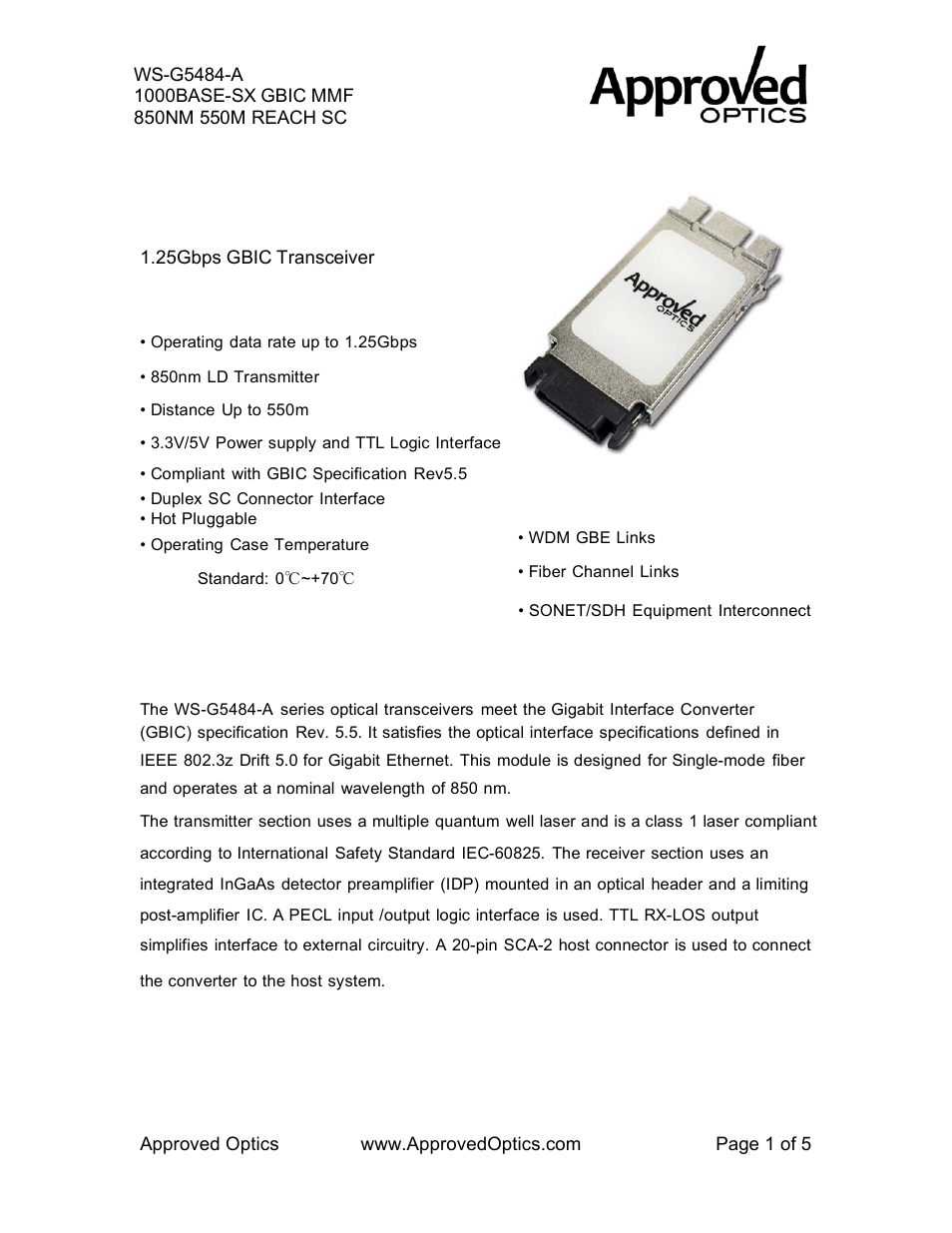 Approved Optics Approved CISCO WS-G5484 User Manual | 5 pages