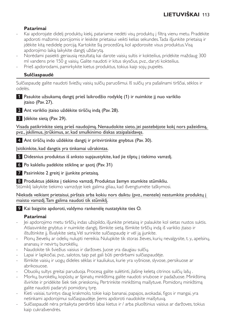 Patarimai, Sulčiaspaudė | Philips HR7766 User Manual | Page 113 / 240